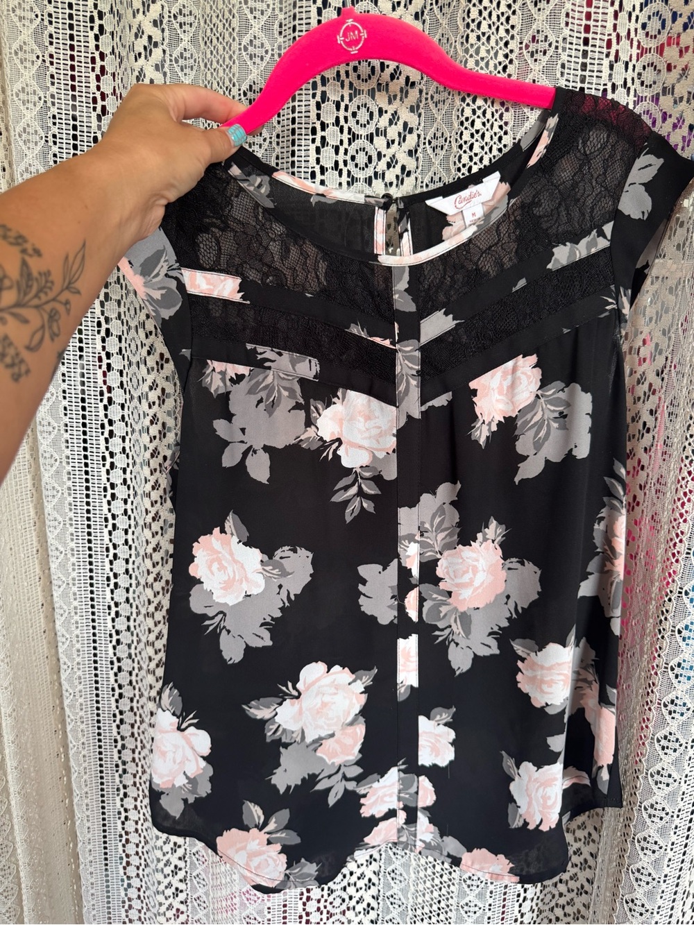 Candie's Black Floral Lace Yoke Camisole with Pink Roses
